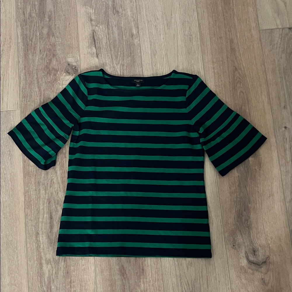 Talbots Navy and Green Striped Short Sleeve Top